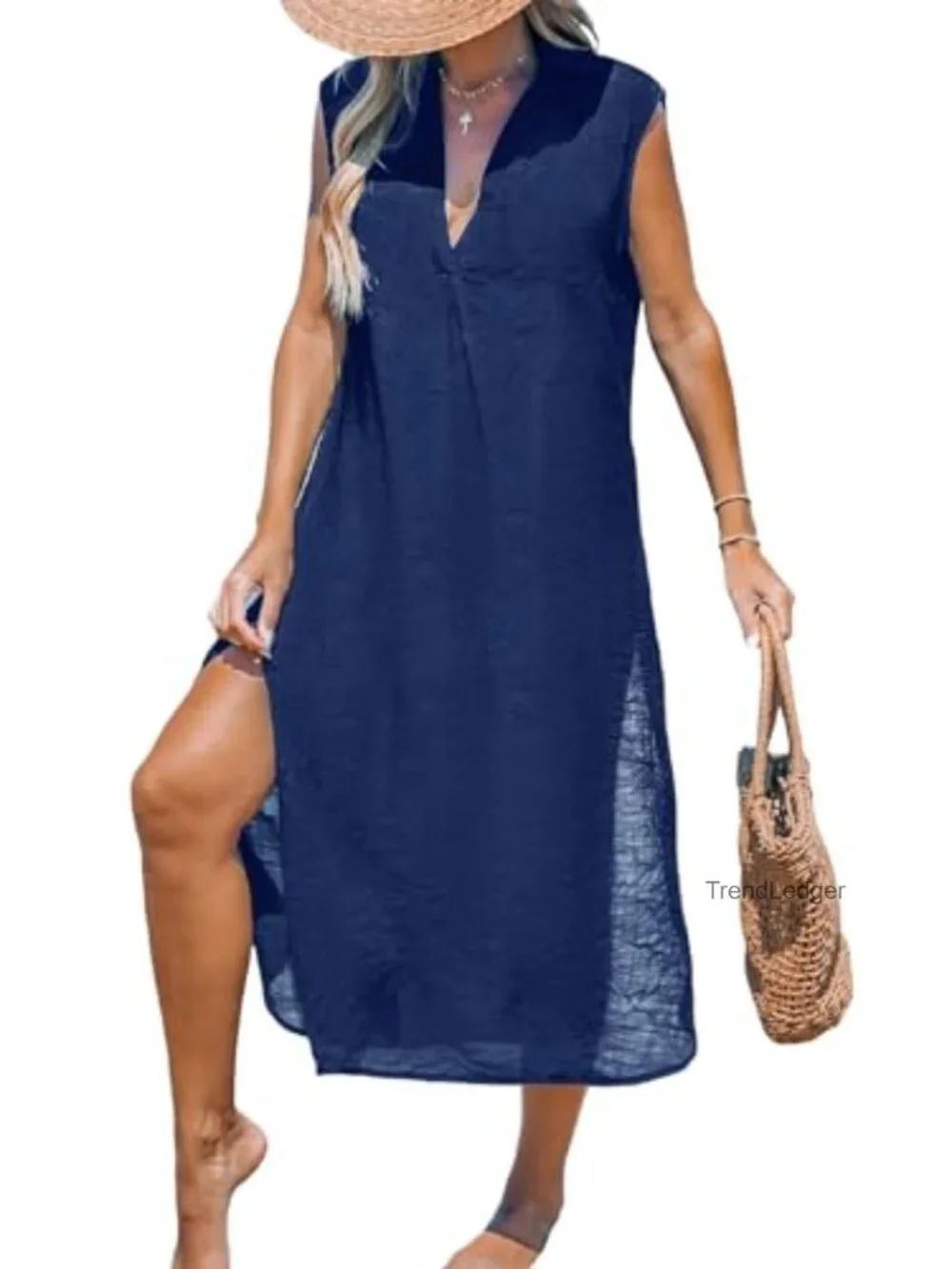 Sleeveless V Neck Midi Beach Cover Up Dress Side Split Cardigan